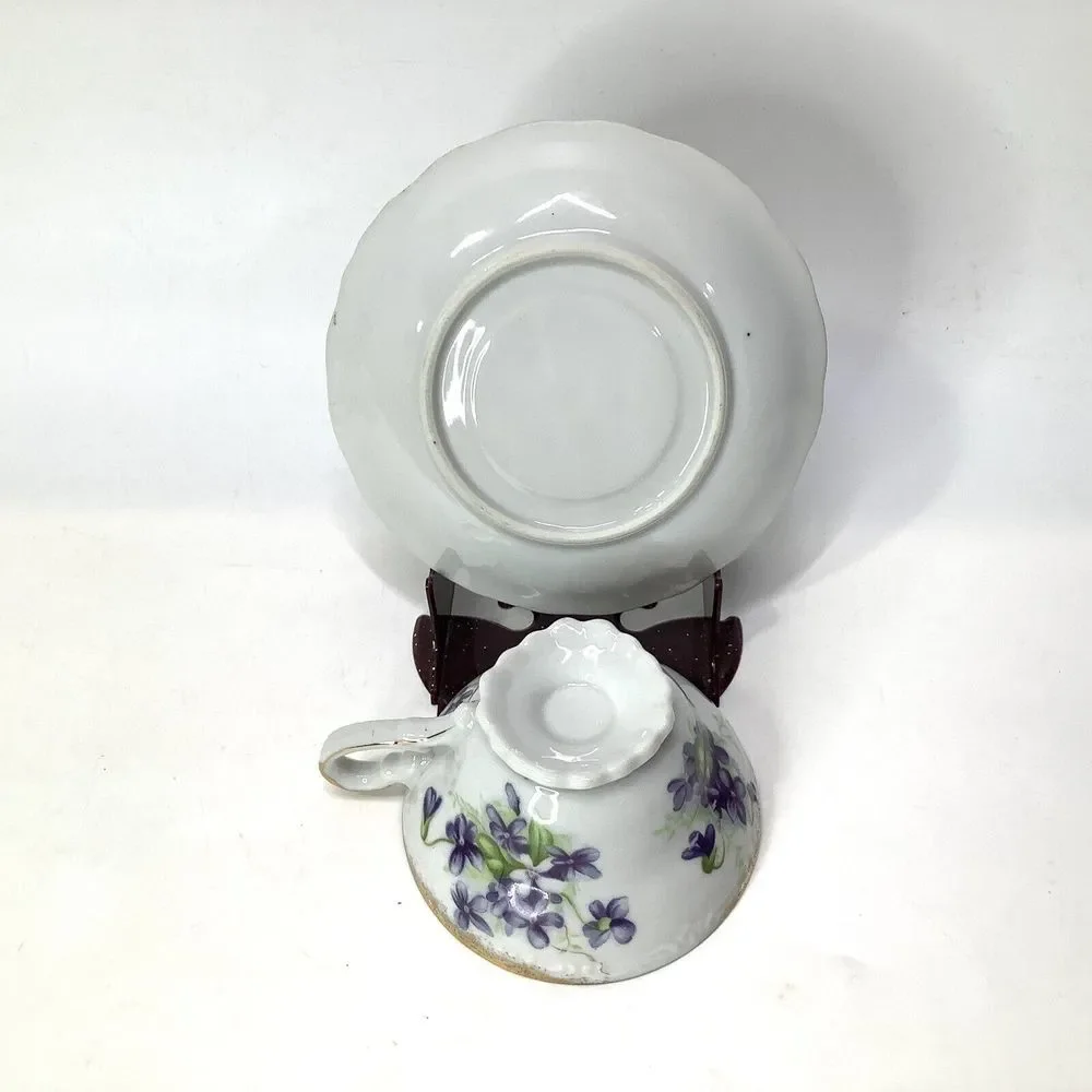 Vintage Cup & Saucer Set‎ Porcelain Rose Interior Plain Exterior Unmarked gold